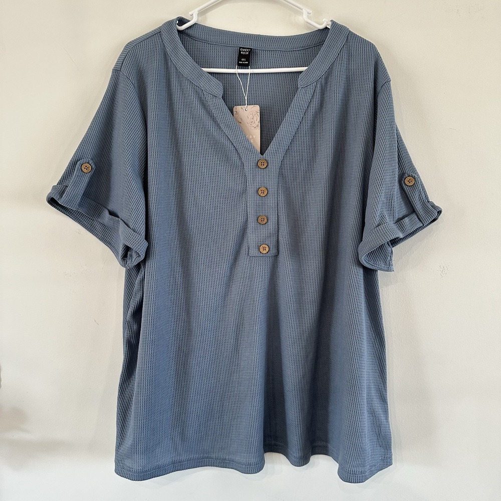 NWT Women's Plus Emery Rose - Blue Roll Tab Short Sleeve Shirt Button Front 4XL